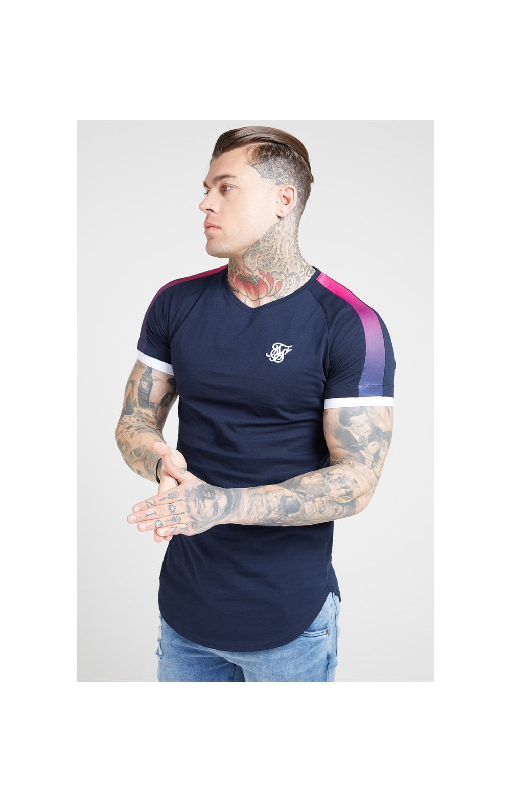 Load image into Gallery viewer, SikSilk S/S Inset Cuff Fade Panel Tech Tee – Navy &amp; Neon Fade (1)