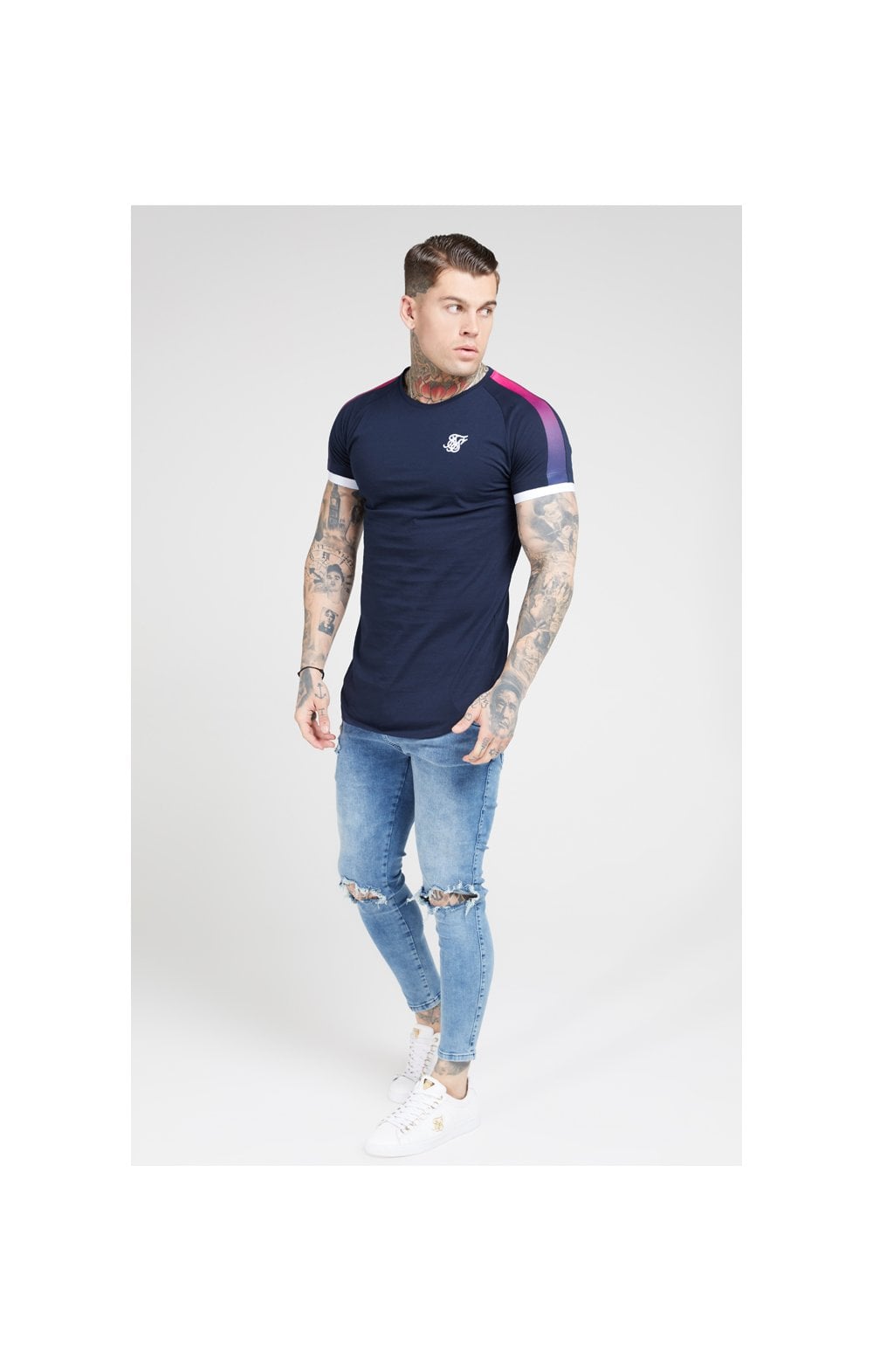 Load image into Gallery viewer, SikSilk S/S Inset Cuff Fade Panel Tech Tee – Navy &amp; Neon Fade (2)