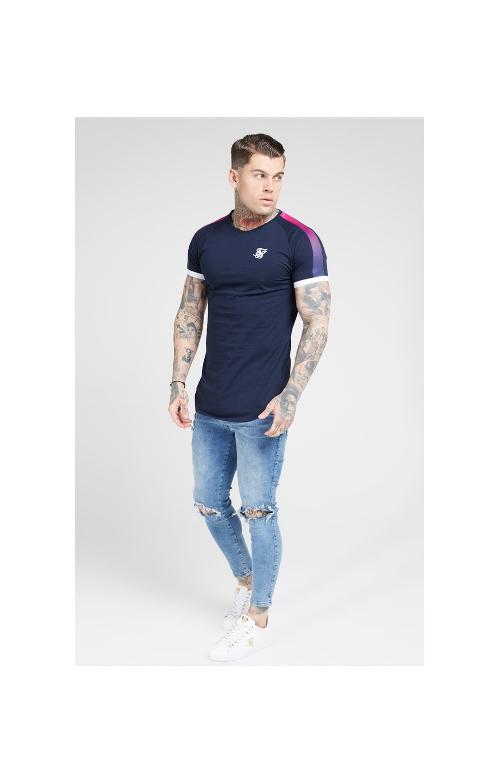 SikSilk S/S Inset Cuff Fade Panel Tech Tee – Navy & Neon Fade (2)