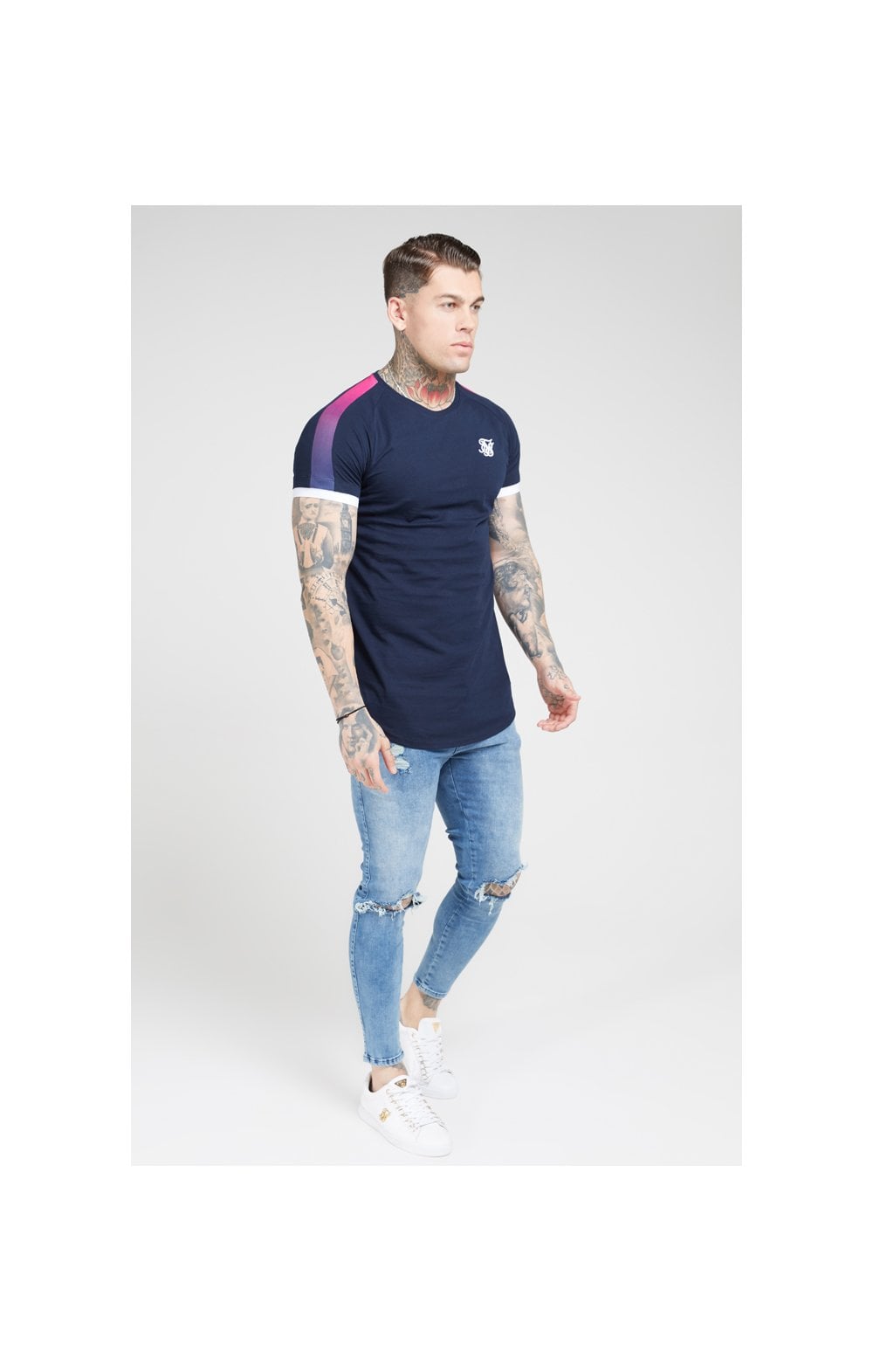 Load image into Gallery viewer, SikSilk S/S Inset Cuff Fade Panel Tech Tee – Navy &amp; Neon Fade (3)