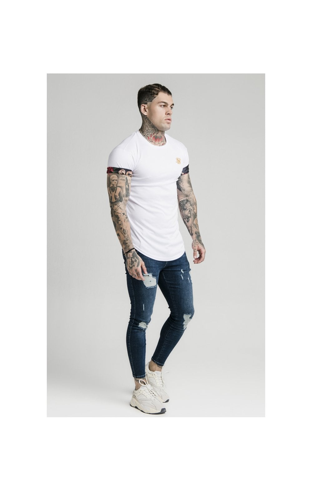 SikSilk S/S Roll Sleeve Tee – White & Floral Animal (3)