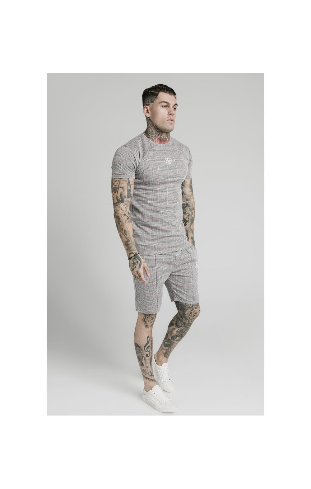 SikSilk Pleated Smart Shorts – Grey & Pink Check (1)