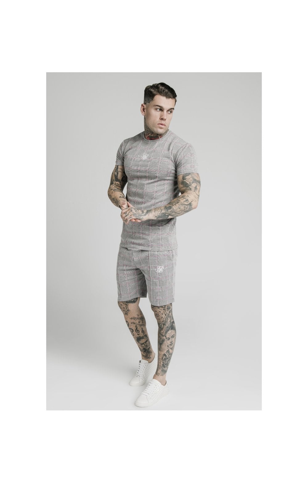 SikSilk Pleated Smart Shorts – Grey & Pink Check (2)