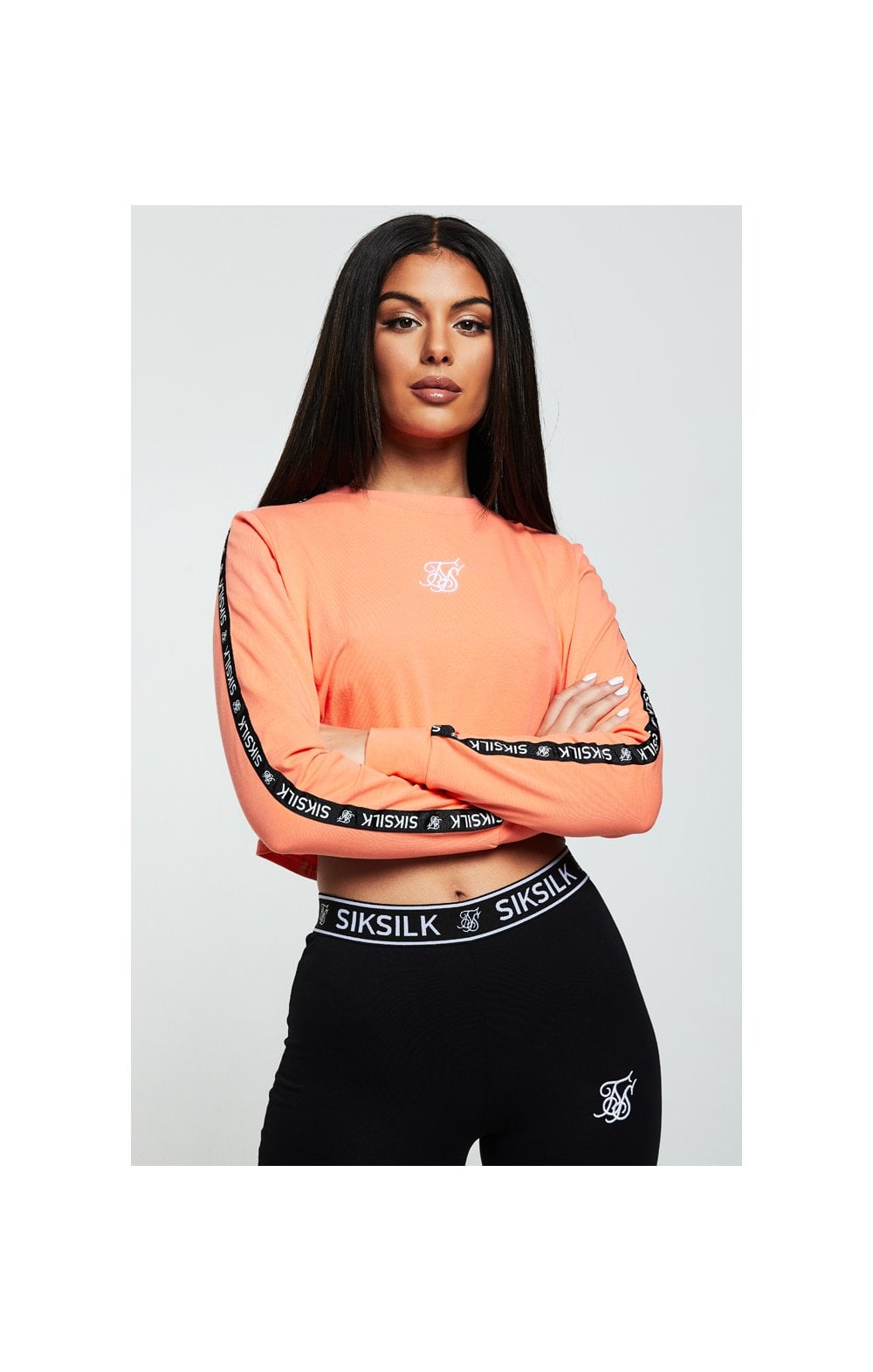 Load image into Gallery viewer, SikSilk L/S Crop Tee – Coral &amp; Black