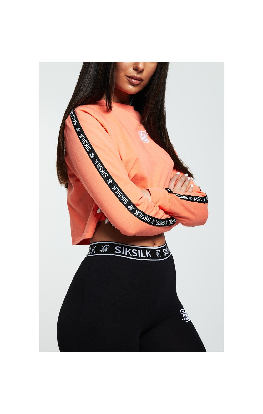 Load image into Gallery viewer, SikSilk L/S Crop Tee – Coral &amp; Black (1)