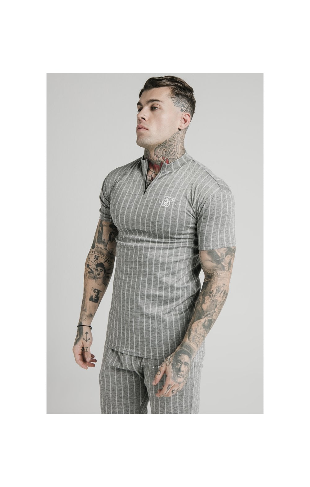 Load image into Gallery viewer, SikSilk High Collar Zip Polo - Grey Pin Stripe (1)