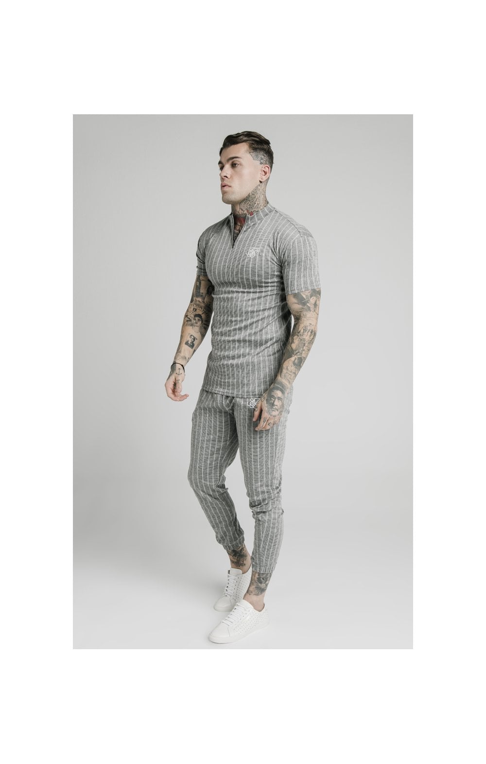 Load image into Gallery viewer, SikSilk High Collar Zip Polo - Grey Pin Stripe (4)