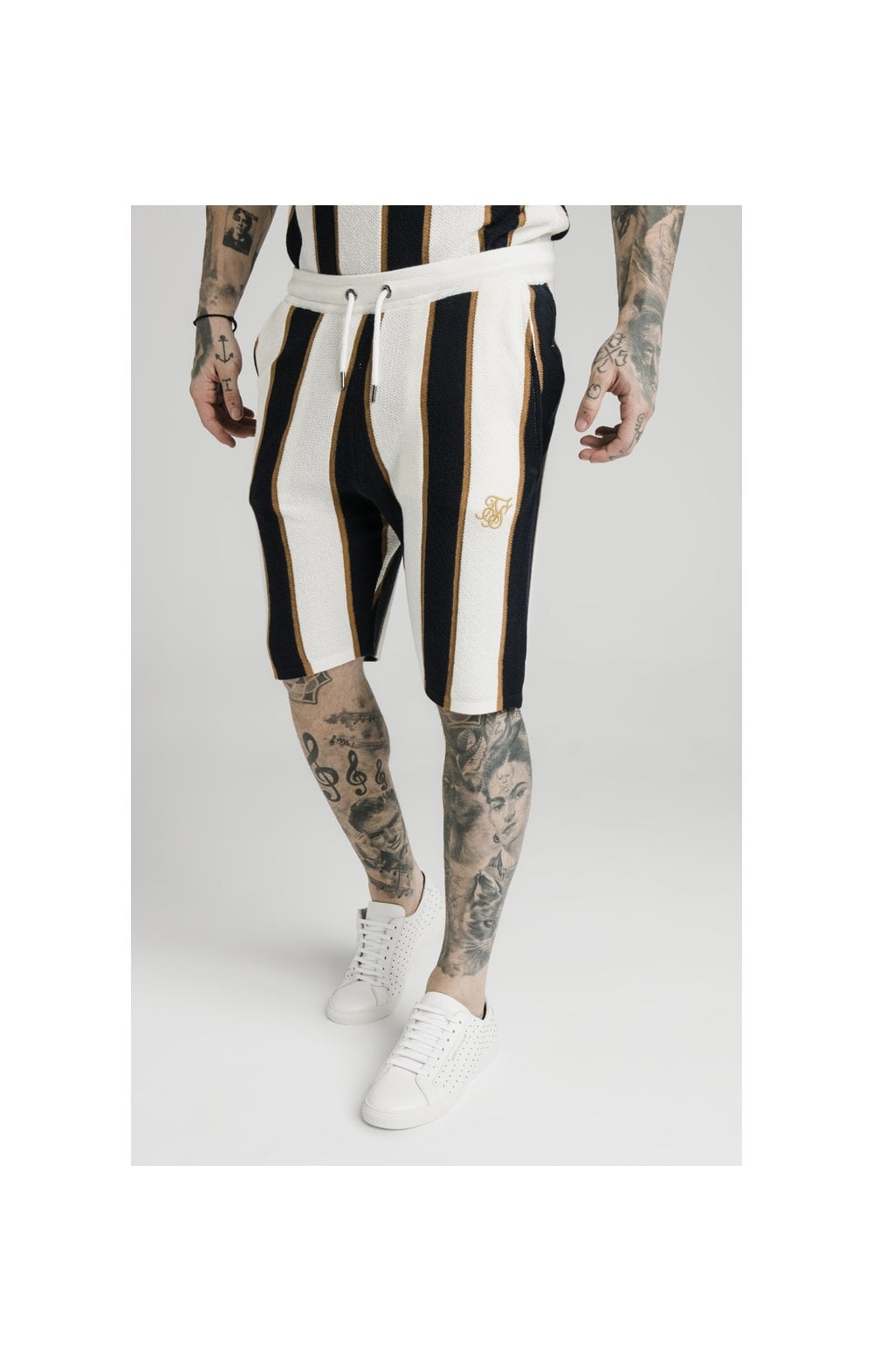 Load image into Gallery viewer, SikSilk Fitted Knit Shorts Off - White,Navy &amp; Gold