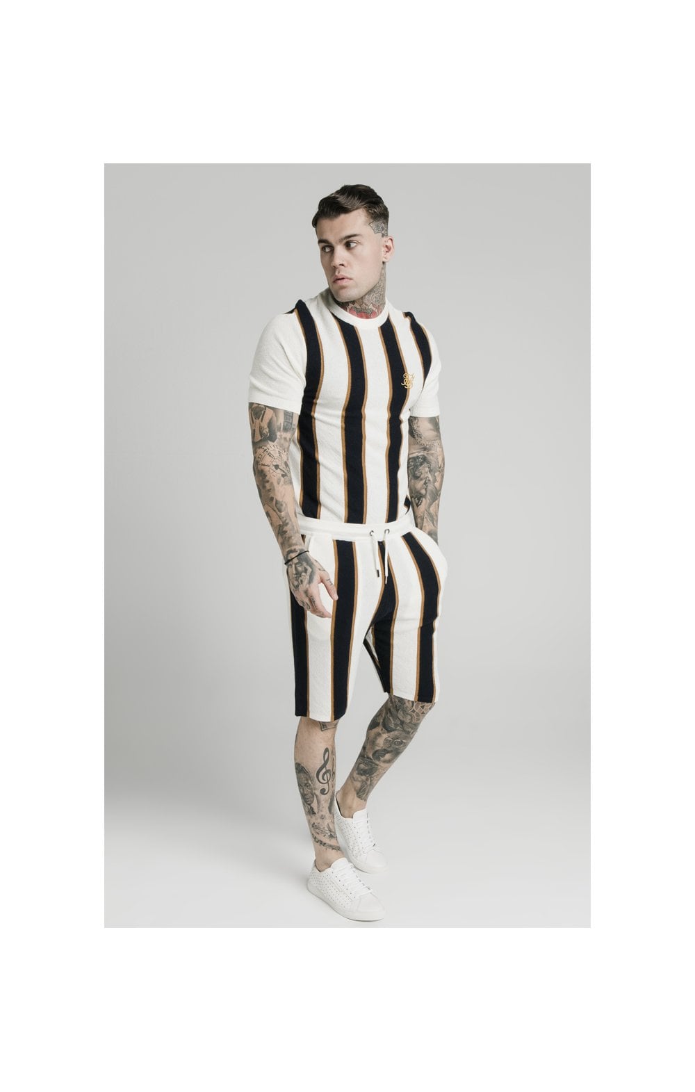 SikSilk Fitted Knit Shorts Off - White,Navy & Gold (2)