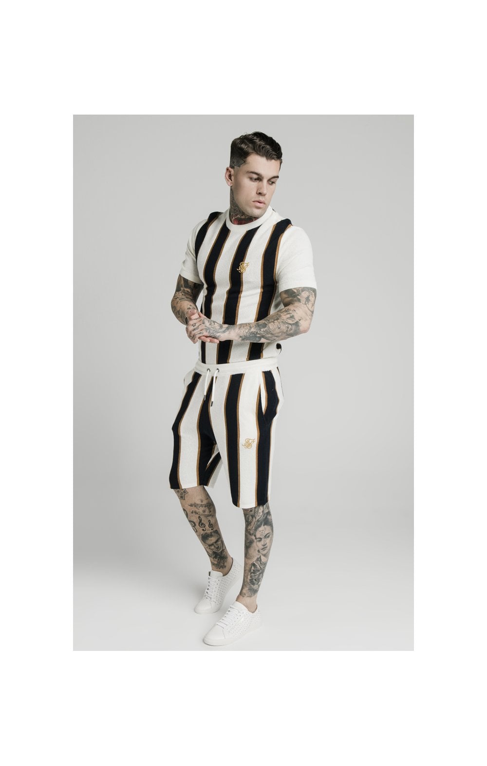 Load image into Gallery viewer, SikSilk Fitted Knit Shorts Off - White,Navy &amp; Gold (3)