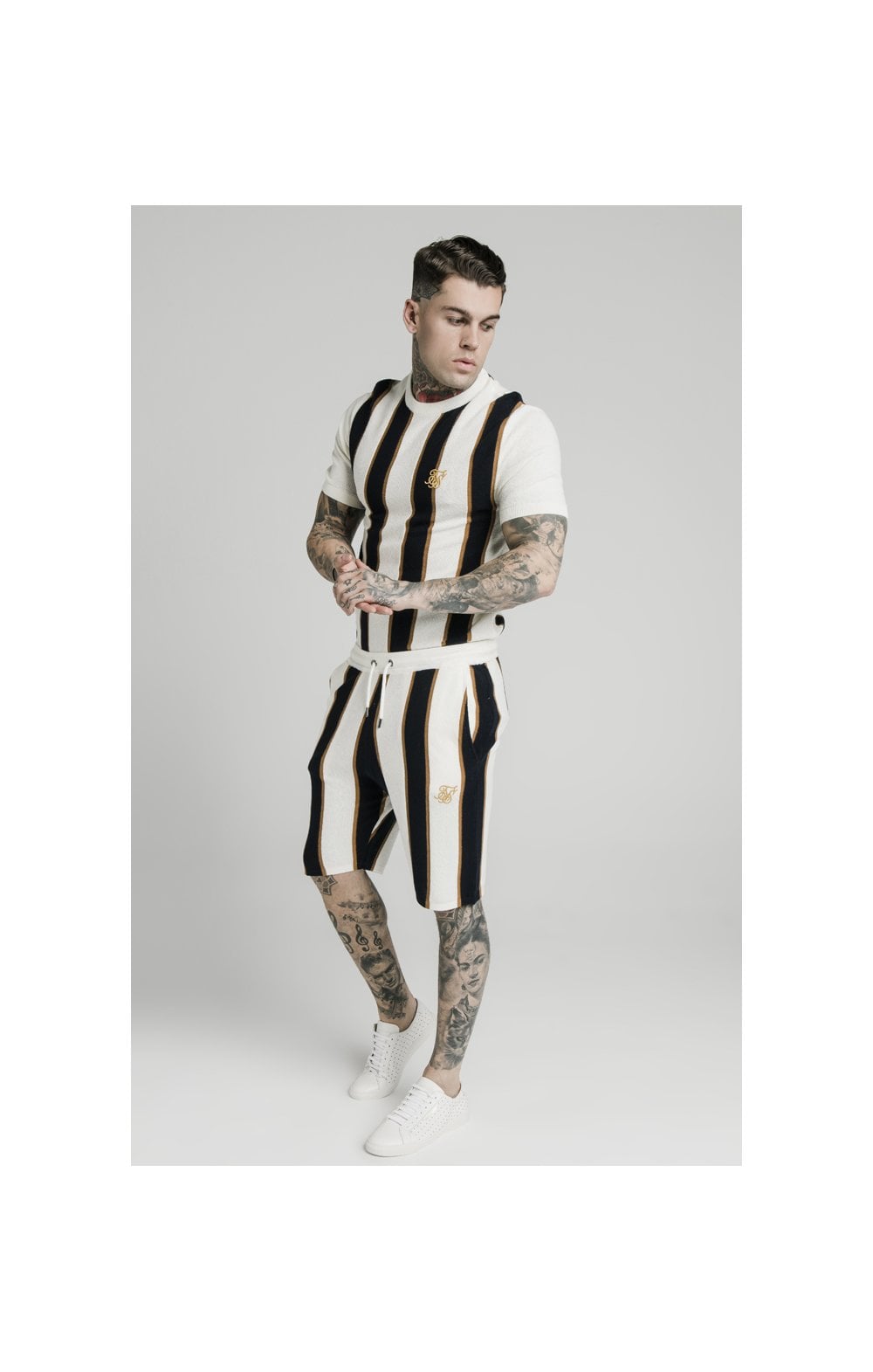 SikSilk Fitted Knit Shorts Off - White,Navy & Gold (3)