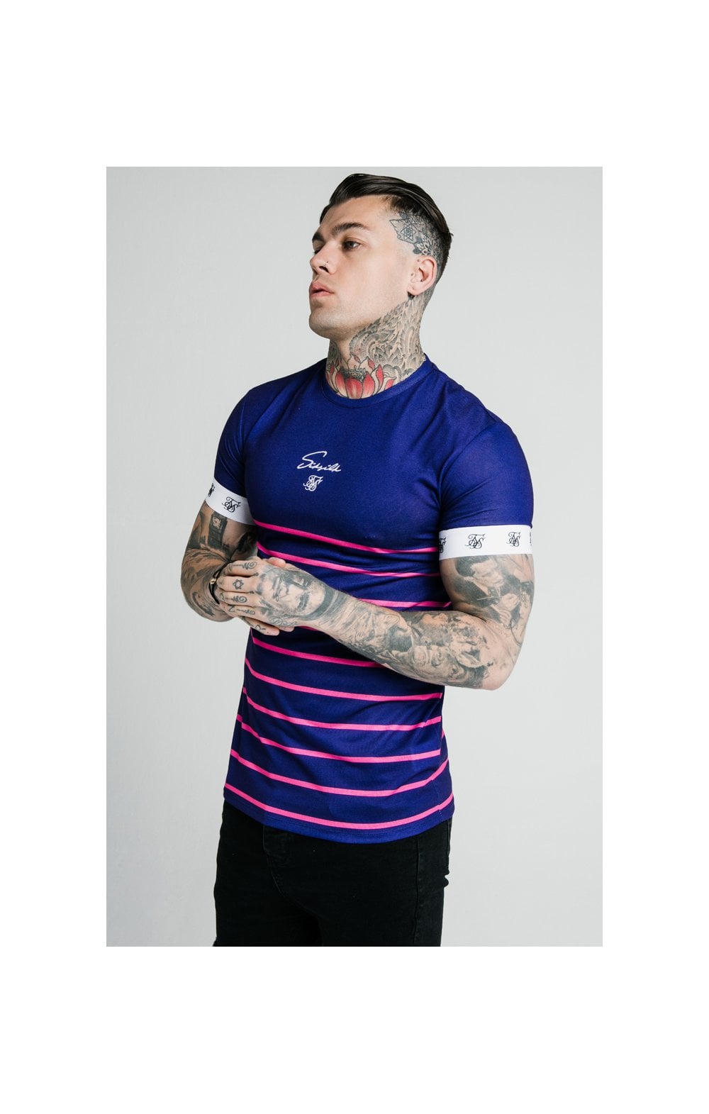 Load image into Gallery viewer, SikSilk Stripe Straight Hem Gym Tee - Navy,Pink &amp; White (1)