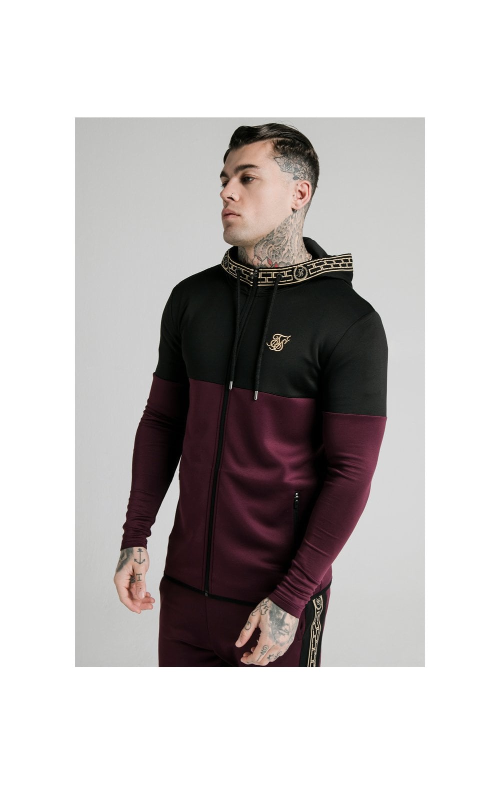 SikSilk Agility Cartel Cut & Sew Zip Through Hoodie - Black & Burgundy