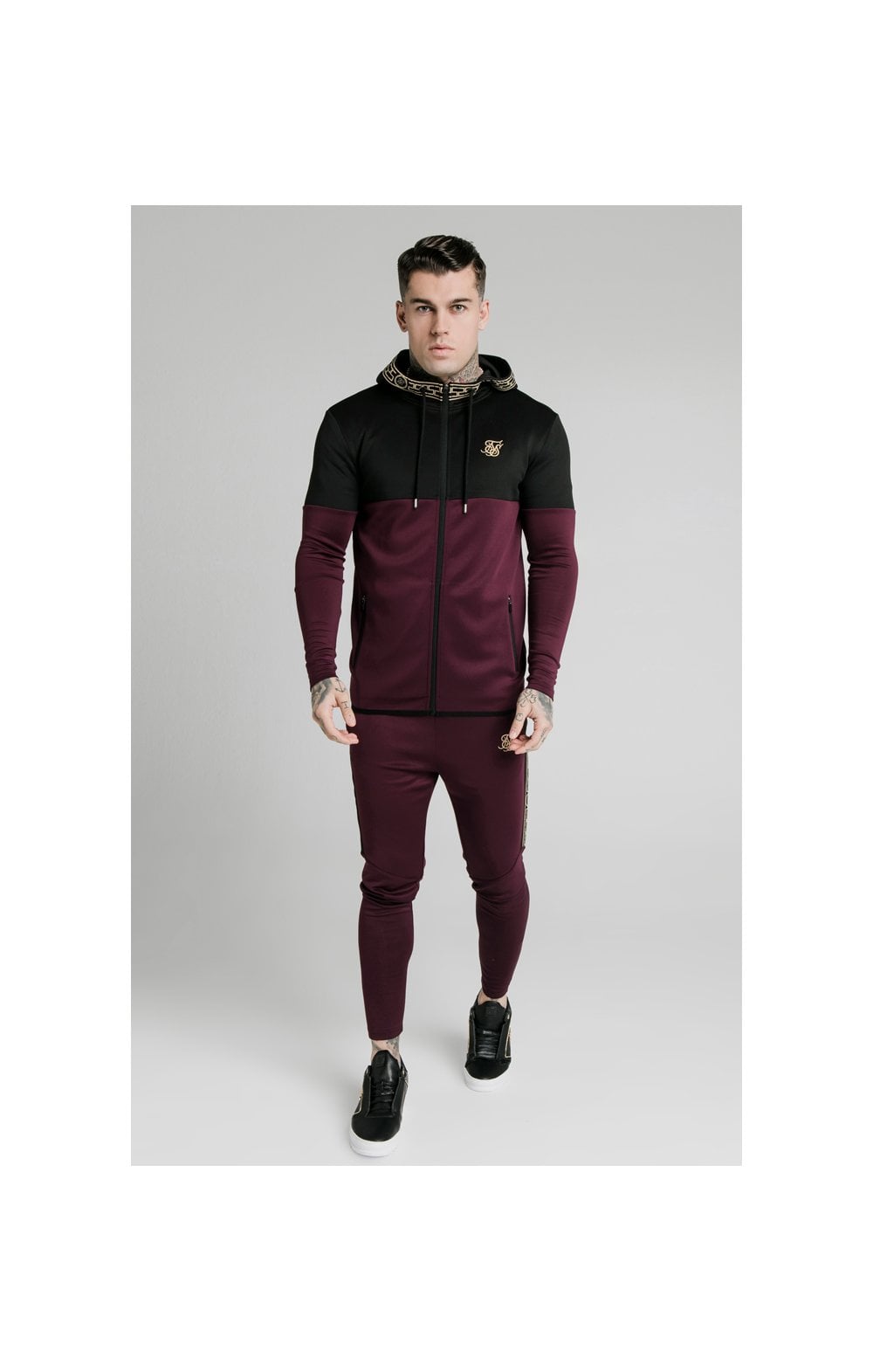 SikSilk Agility Cartel Cut & Sew Zip Through Hoodie - Black & Burgundy (3)