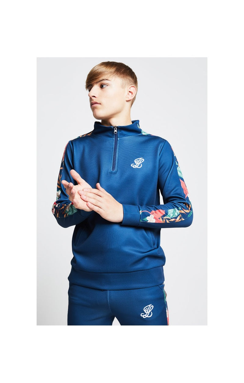 Illusive London Panel Funnel Neck 1/4 Zip Hoodie - Teal & Tropical Leaf