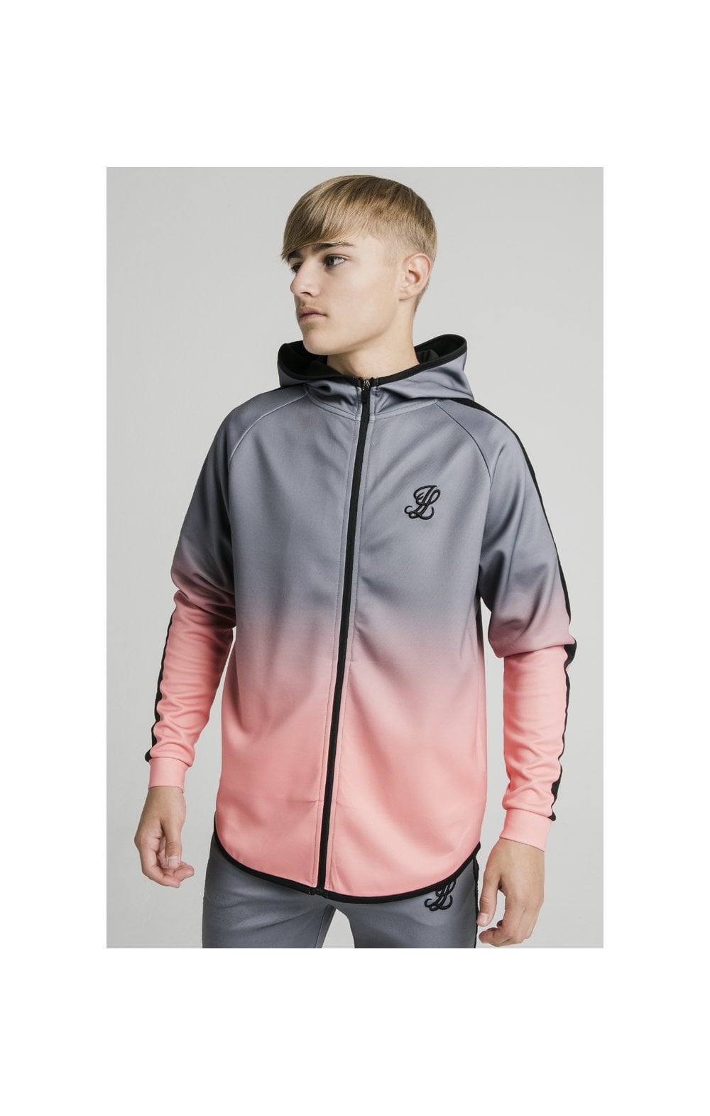 Illusive London Athlete Zip Through Fade Hoodie - Grey & Peach