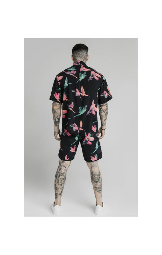 SikSilk High Collar Resort Shirt - Black,Teal & Pink