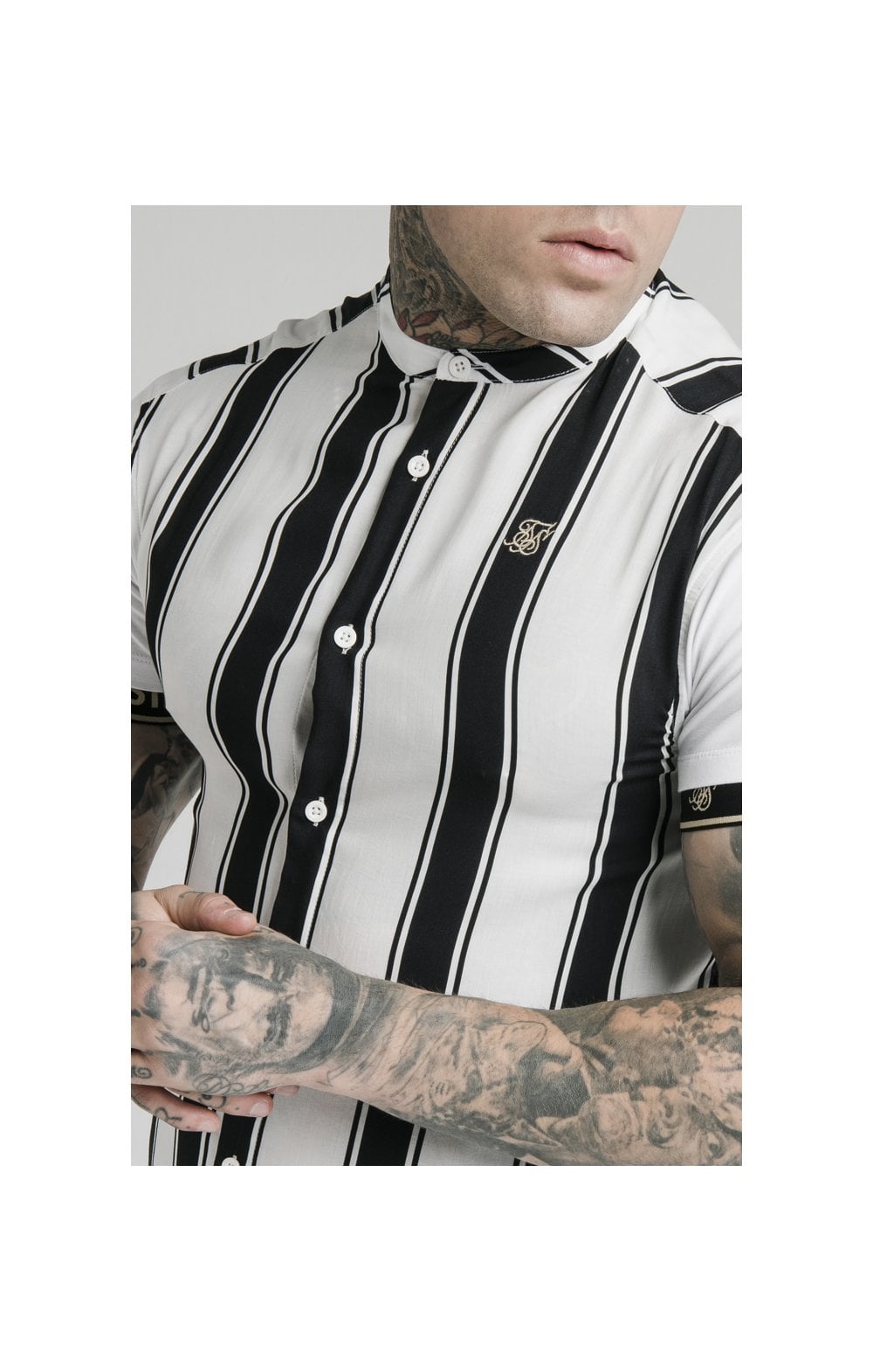 SikSilk High Collar Resort Shirt - Black & White (1)
