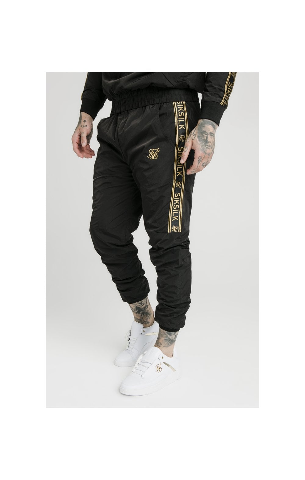 SikSilk Crushed Nylon Taped Joggers – Black & Gold