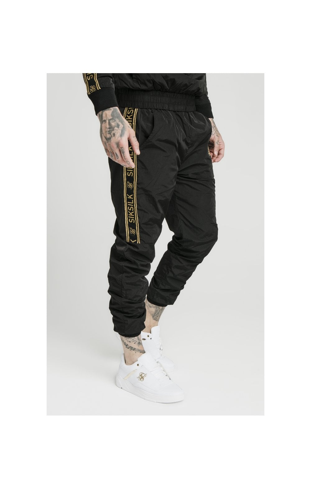 SikSilk Crushed Nylon Taped Joggers – Black & Gold (3)