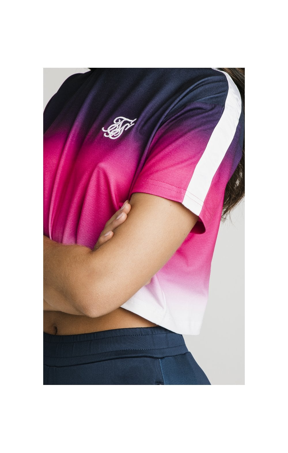 Load image into Gallery viewer, SikSilk Fade Tape Crop Tee - Navy,Pink &amp; White (1)