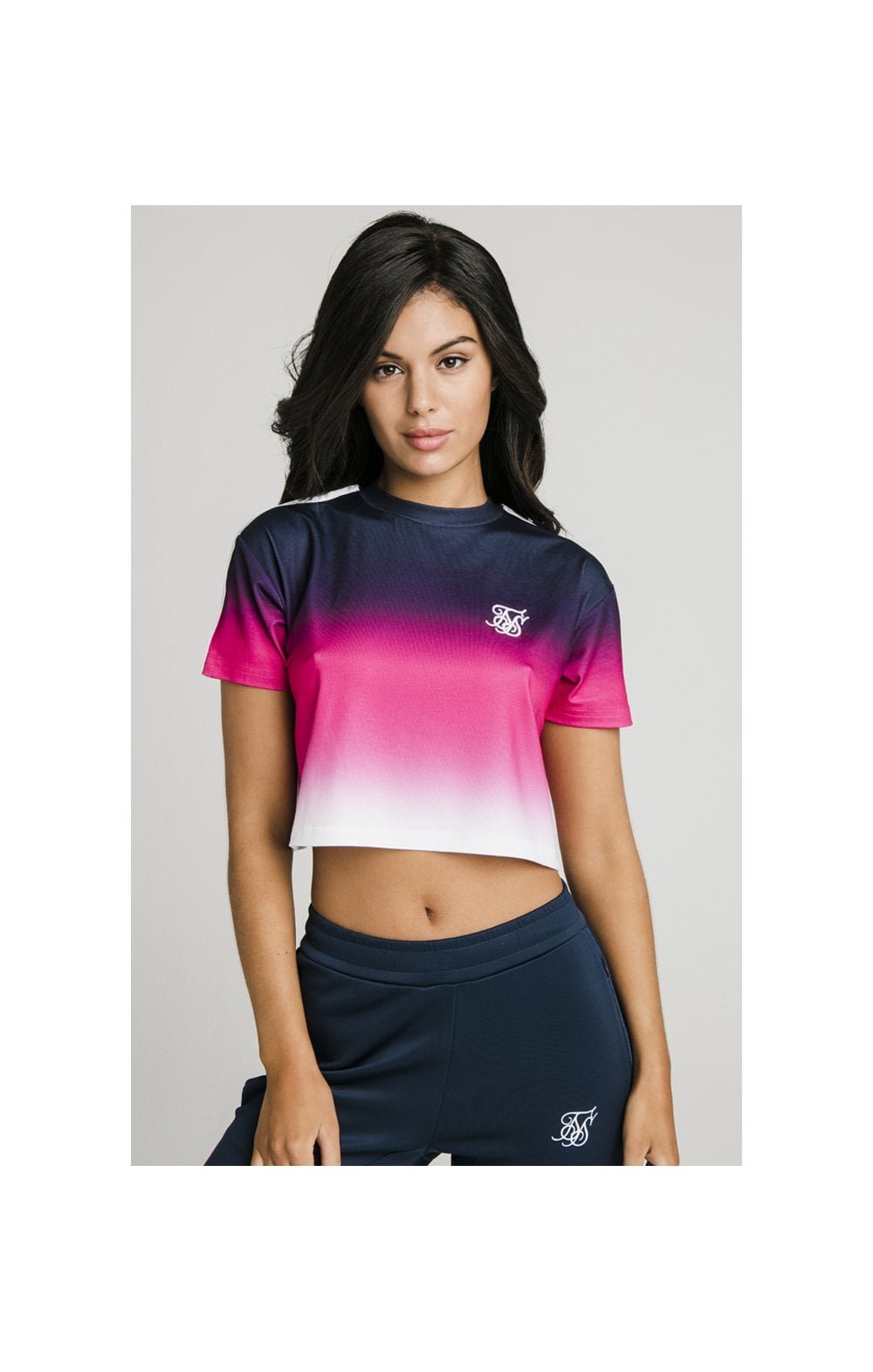 Load image into Gallery viewer, SikSilk Fade Tape Crop Tee - Navy,Pink &amp; White