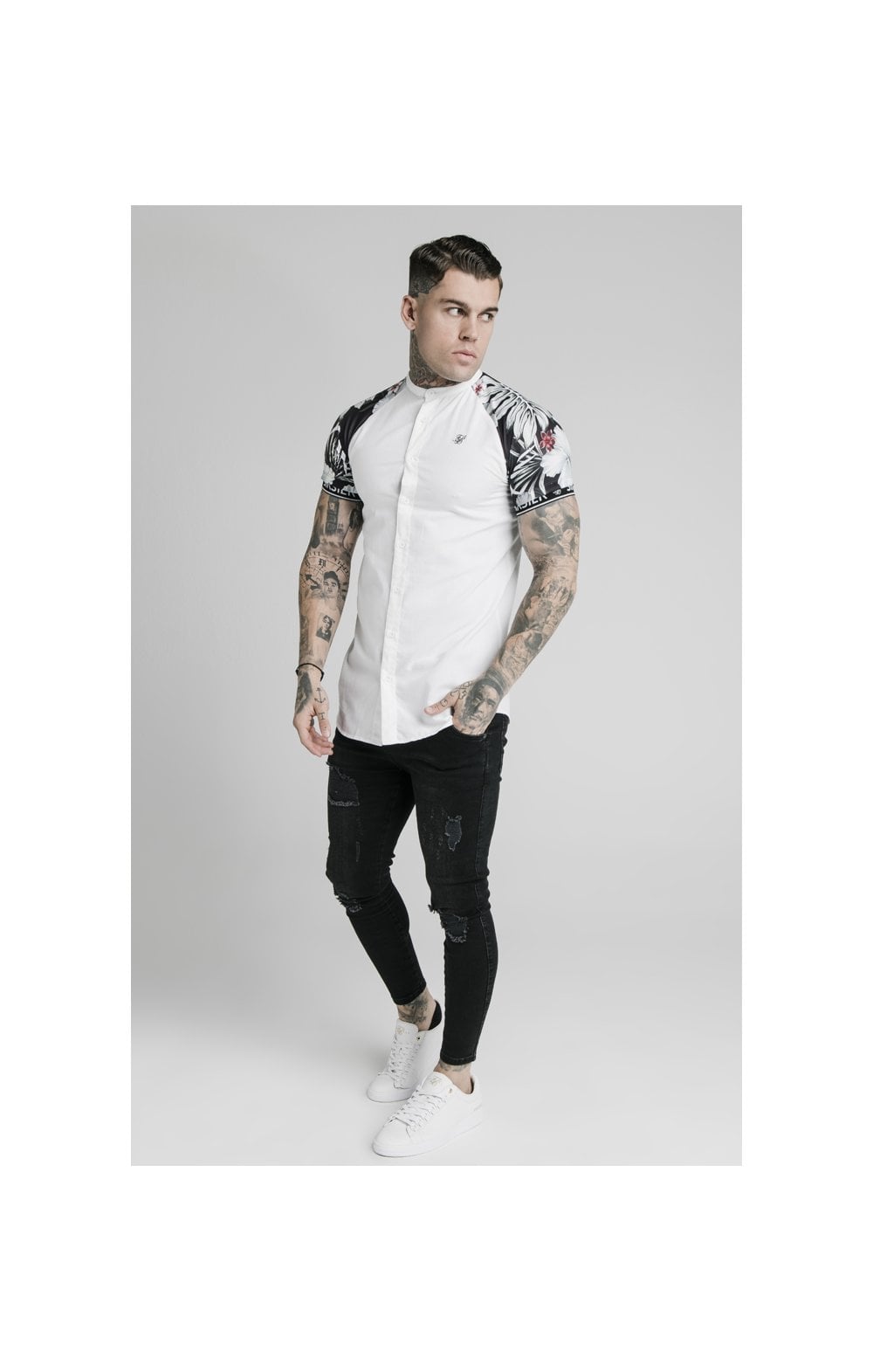 SikSilk S/S Floral Raglan Tech Shirt - White & Floral (2)