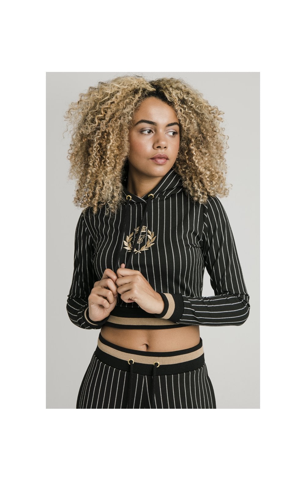 SikSilk Baseball Stripe Cropped Hoodie - Black