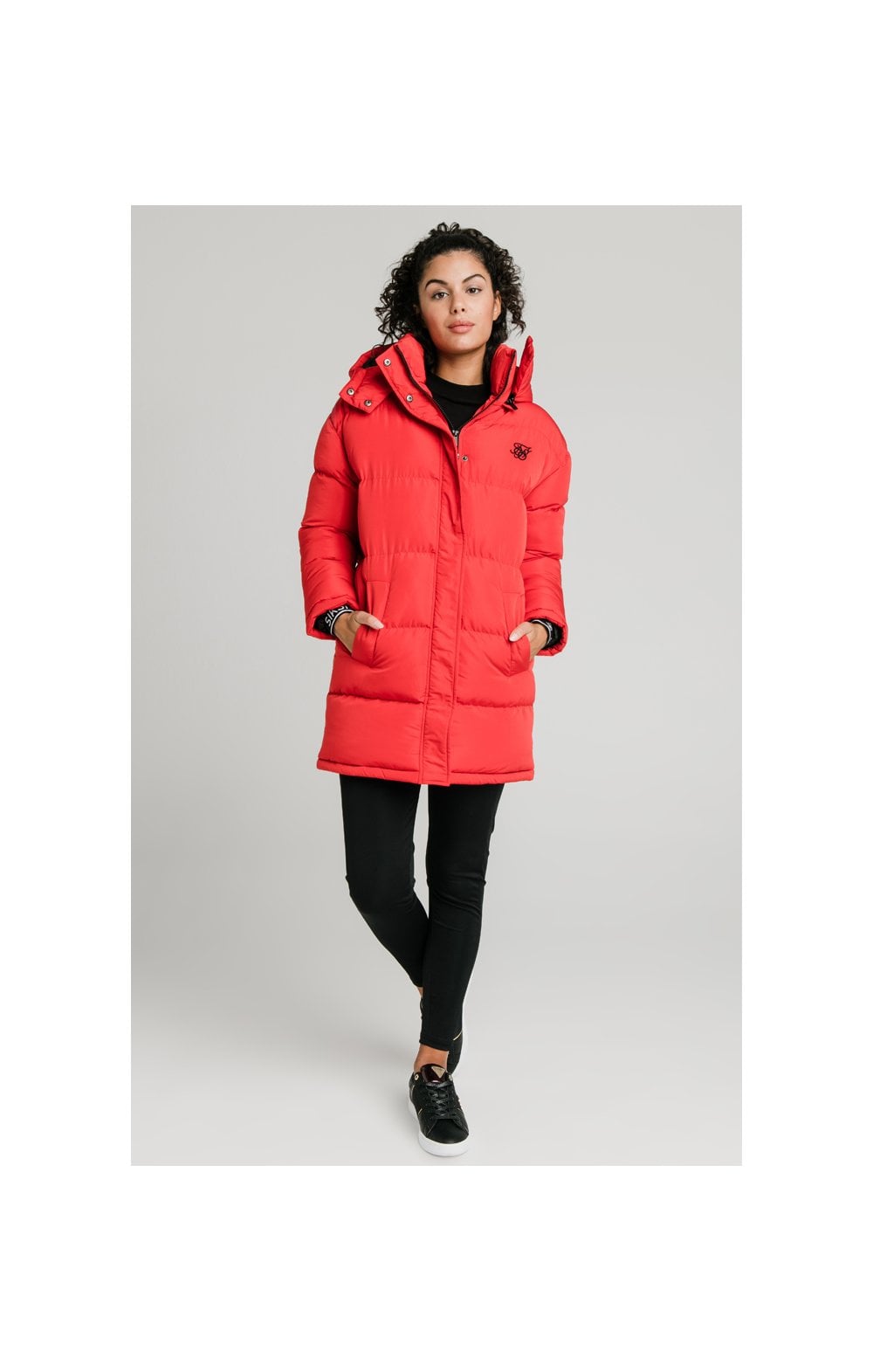 Siksilk fur hood padded jacket clearance red