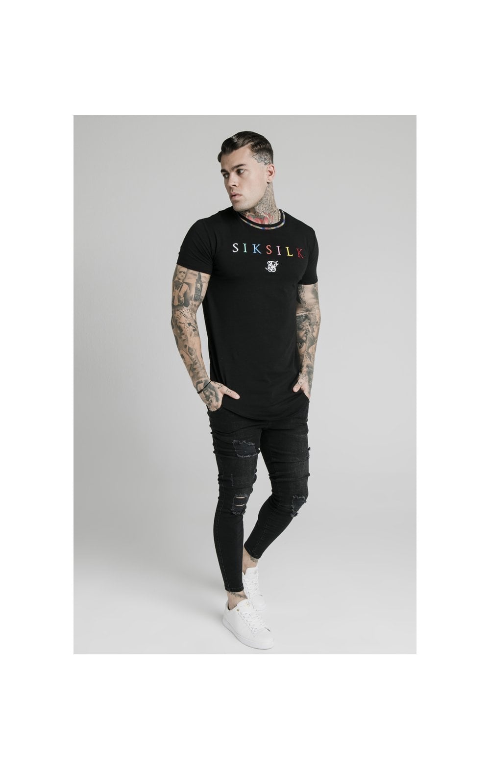 Load image into Gallery viewer, SikSilk Curved Hem Colours Gym Tee - Black &amp; Multi (2)