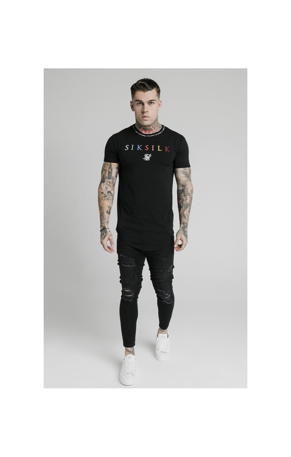 Load image into Gallery viewer, SikSilk Curved Hem Colours Gym Tee - Black &amp; Multi (3)