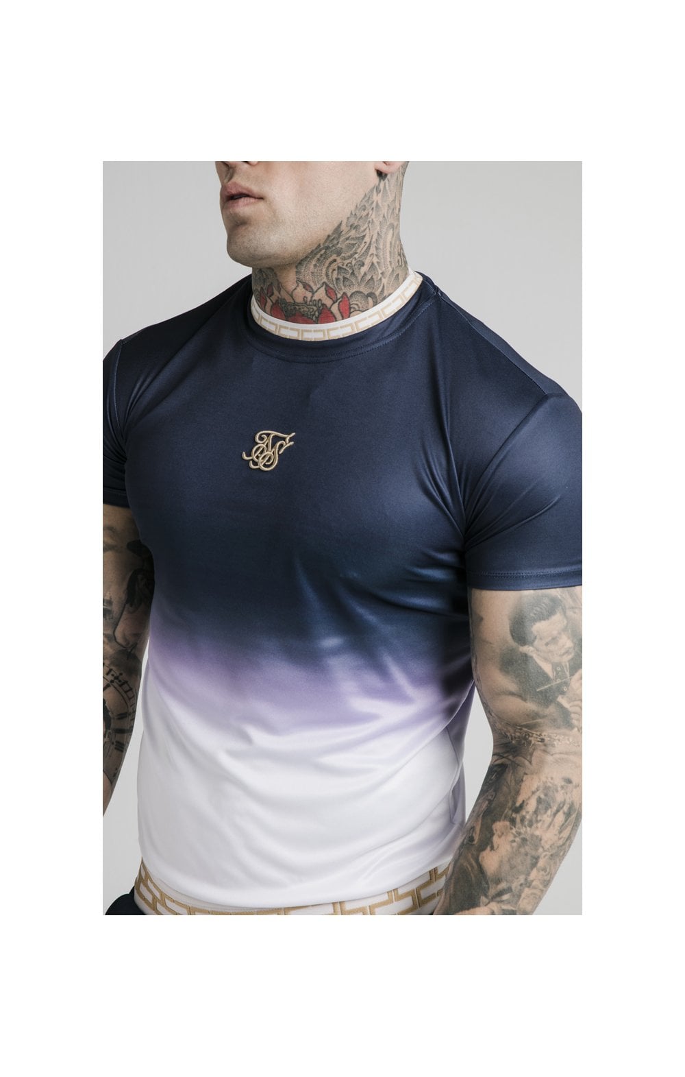 SikSilk S/S Fade Inset Tape Gym Tee - Navy & White (1)