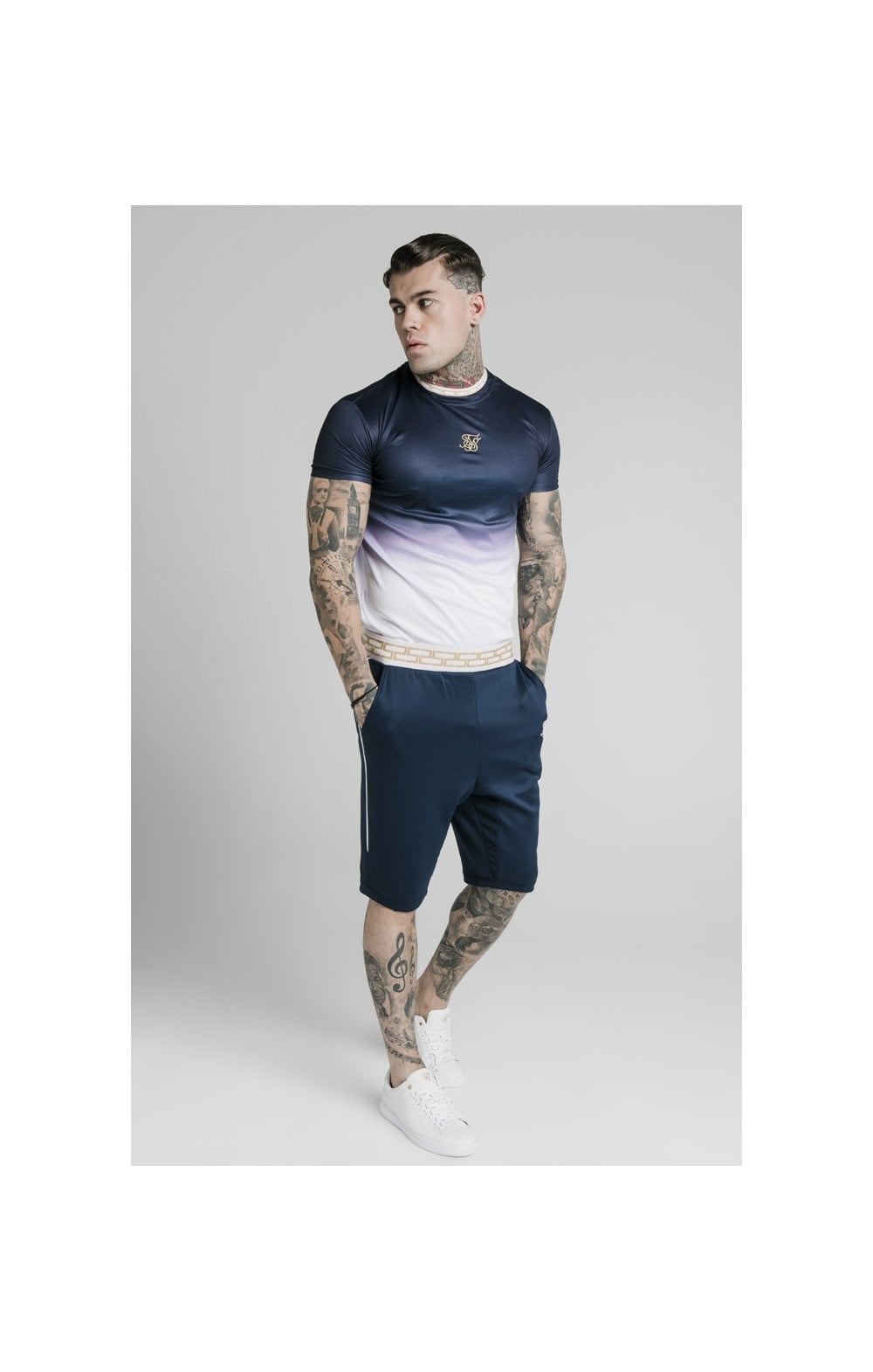 SikSilk S/S Fade Inset Tape Gym Tee - Navy & White (3)