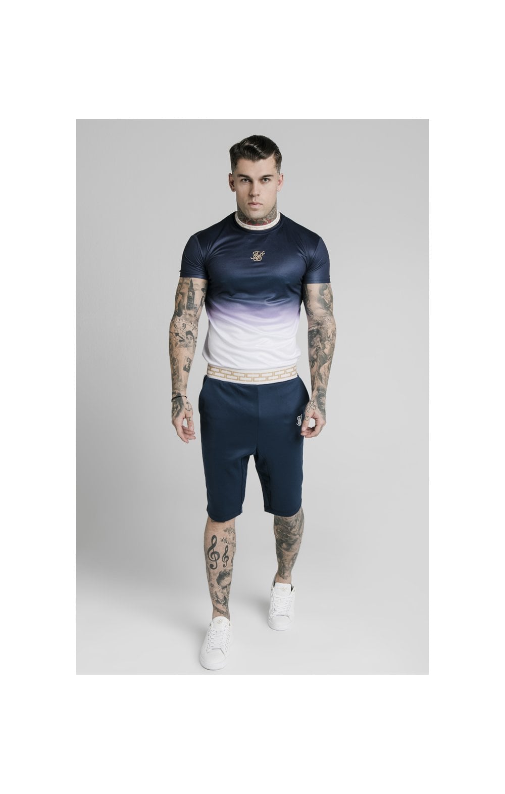 SikSilk S/S Fade Inset Tape Gym Tee - Navy & White (4)