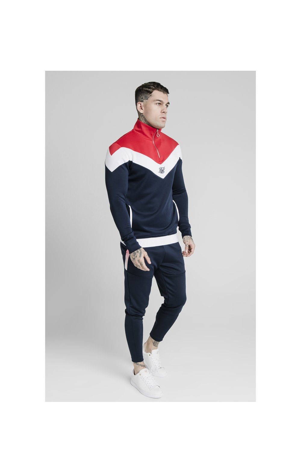 Load image into Gallery viewer, SikSilk Retro Quarter Zip Overhead Track Top - Navy,Red &amp; White (2)
