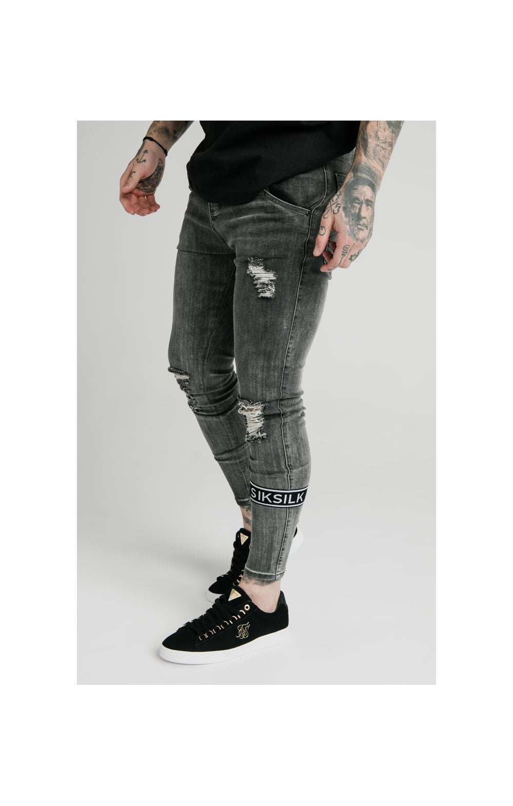 SikSilk Burst Knee Tape Jeans - Washed Black (2)