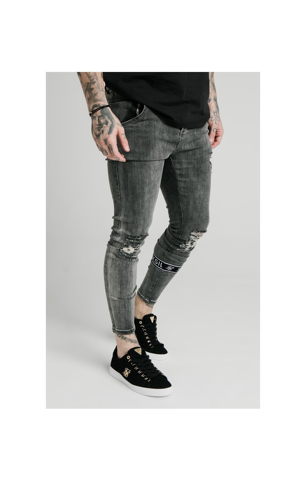 SikSilk Burst Knee Tape Jeans - Washed Black (4)