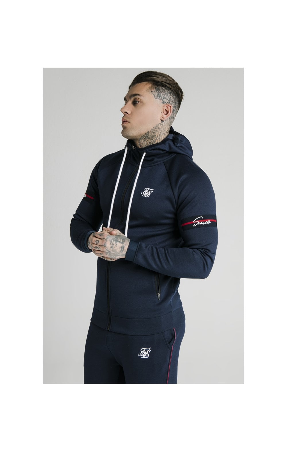 SikSilk Exposed Tape Zip Through Hoodie Navy