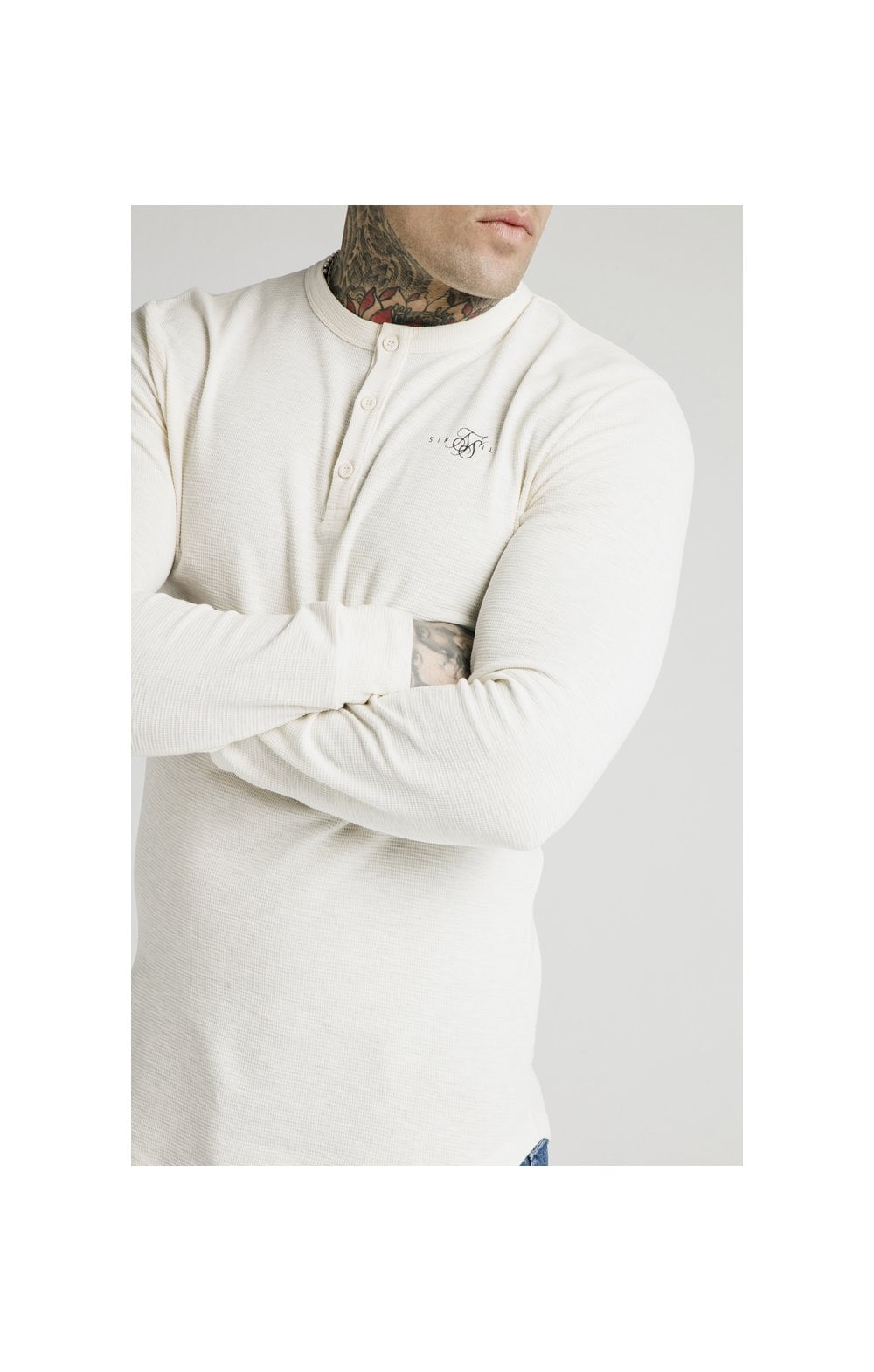 SikSilk Long Sleeve Button Down Tee – Ecru (1)