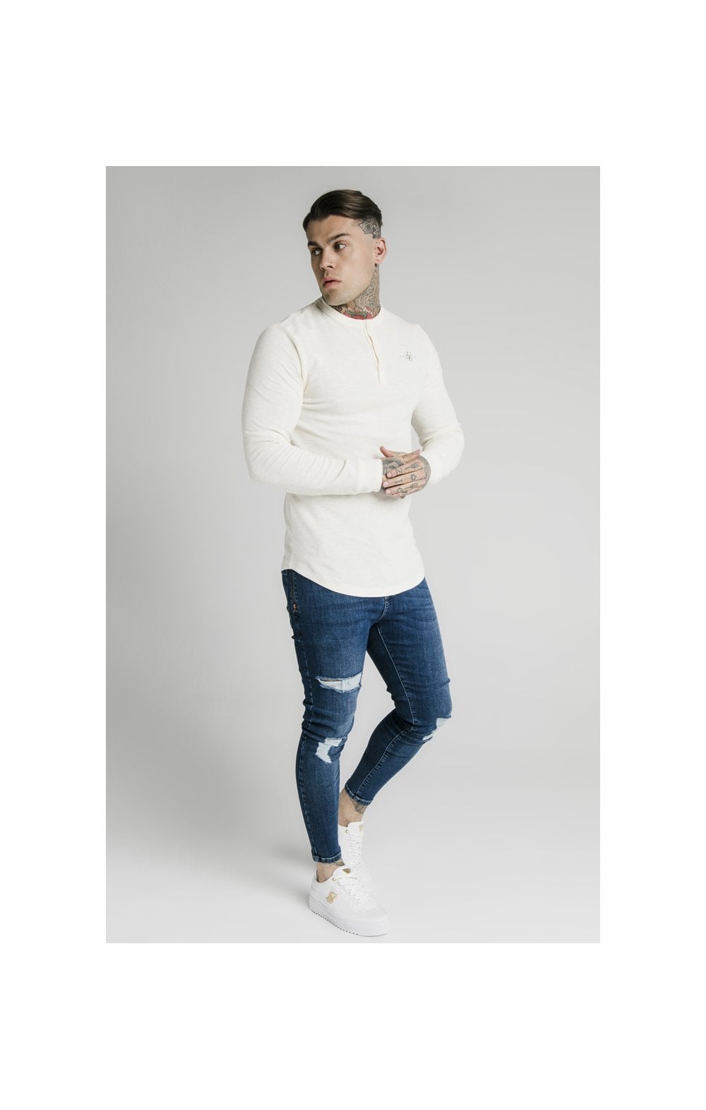 SikSilk Long Sleeve Button Down Tee – Ecru (2)