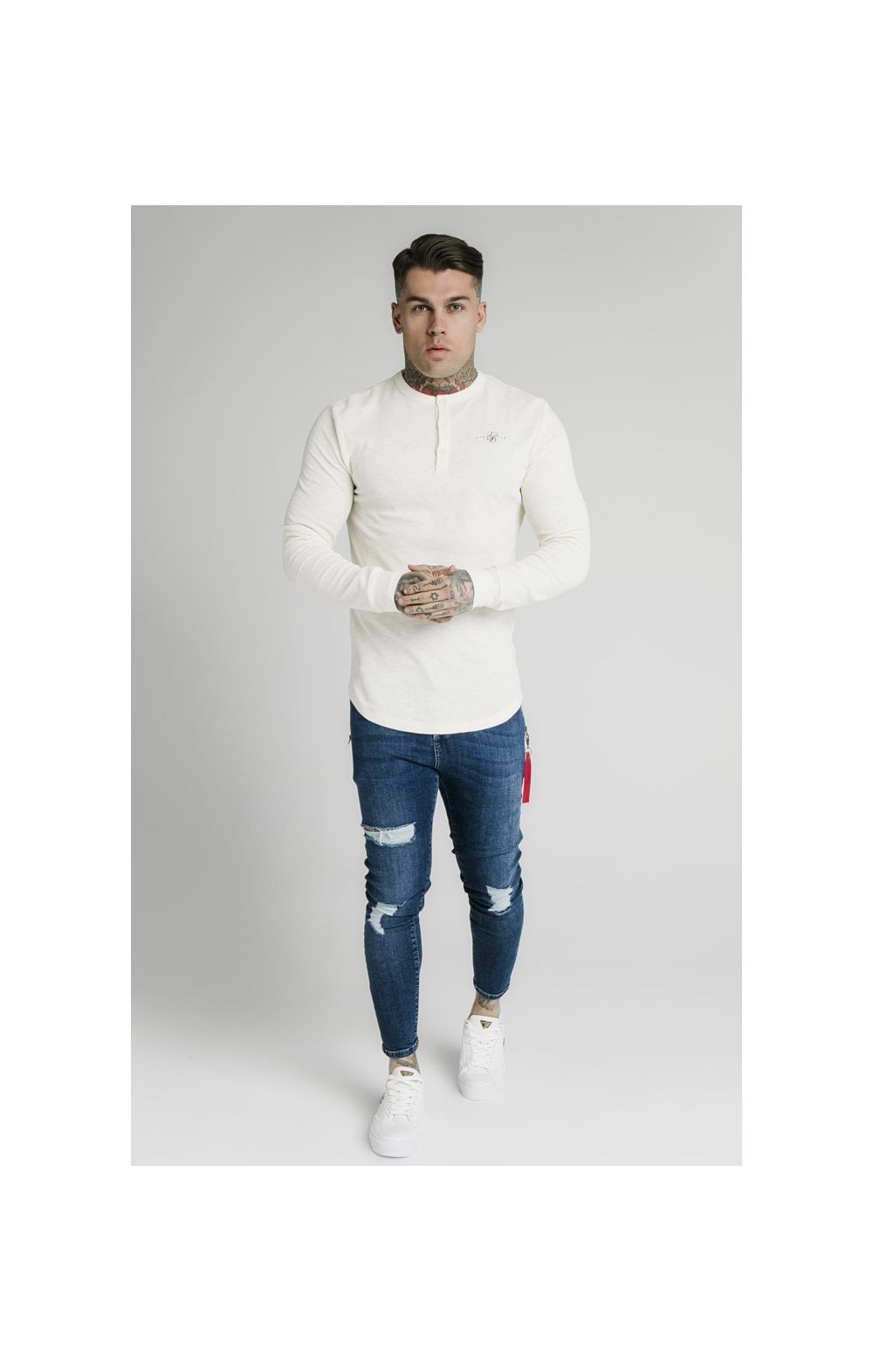 SikSilk Long Sleeve Button Down Tee – Ecru (3)