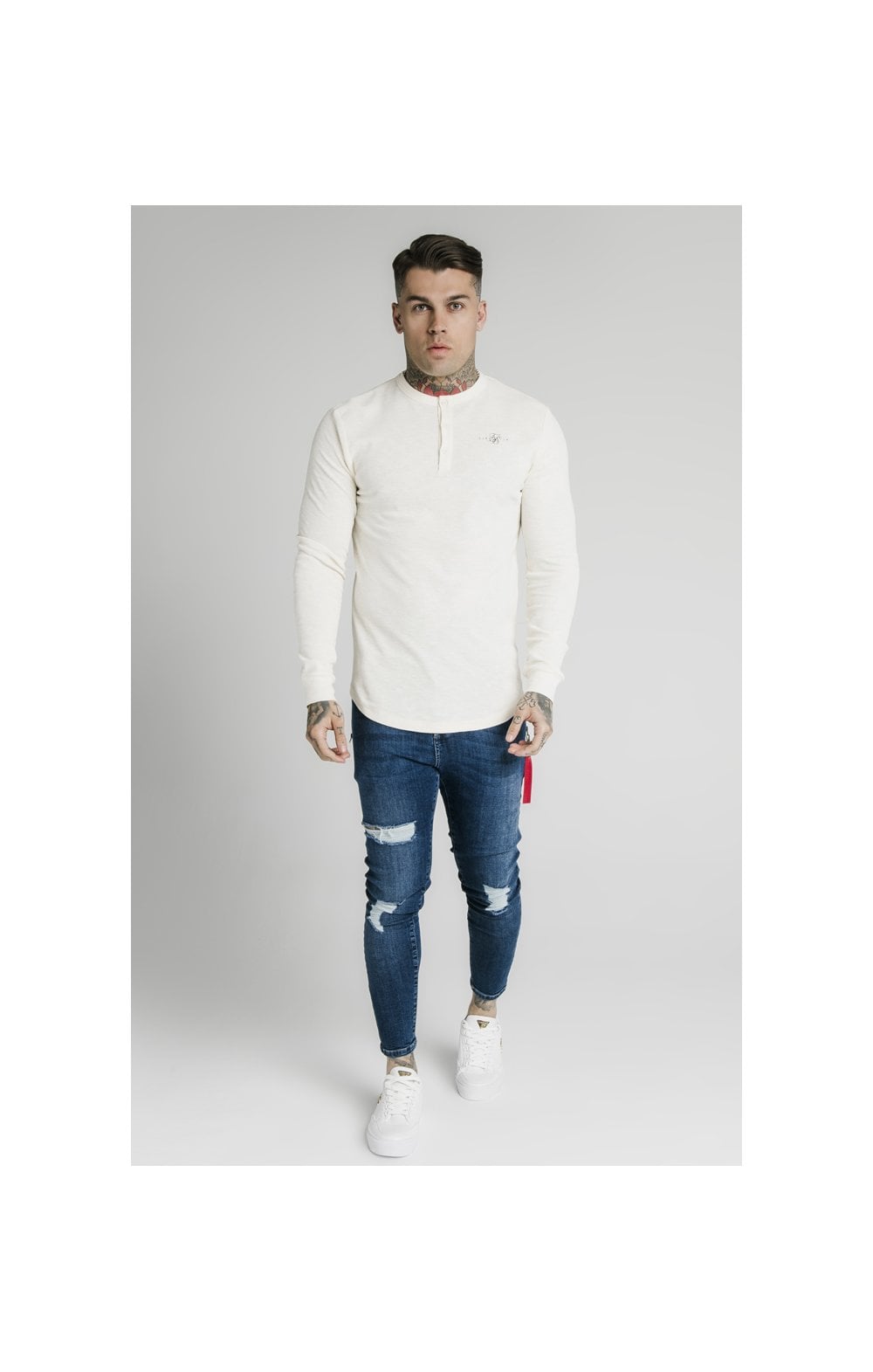 SikSilk Long Sleeve Button Down Tee – Ecru (4)