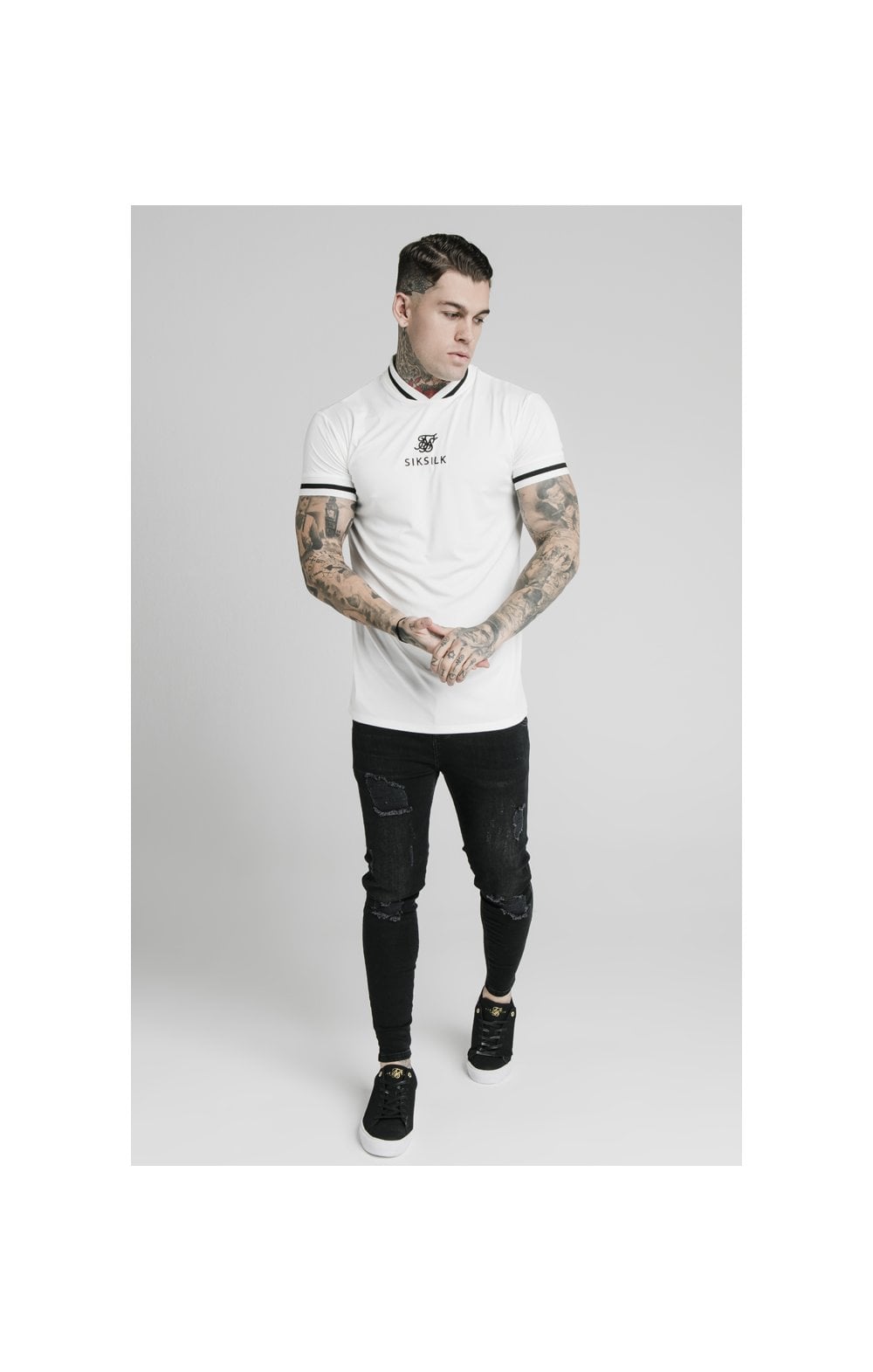 SikSilk S/S Poly Rib Collar Tee - Off White