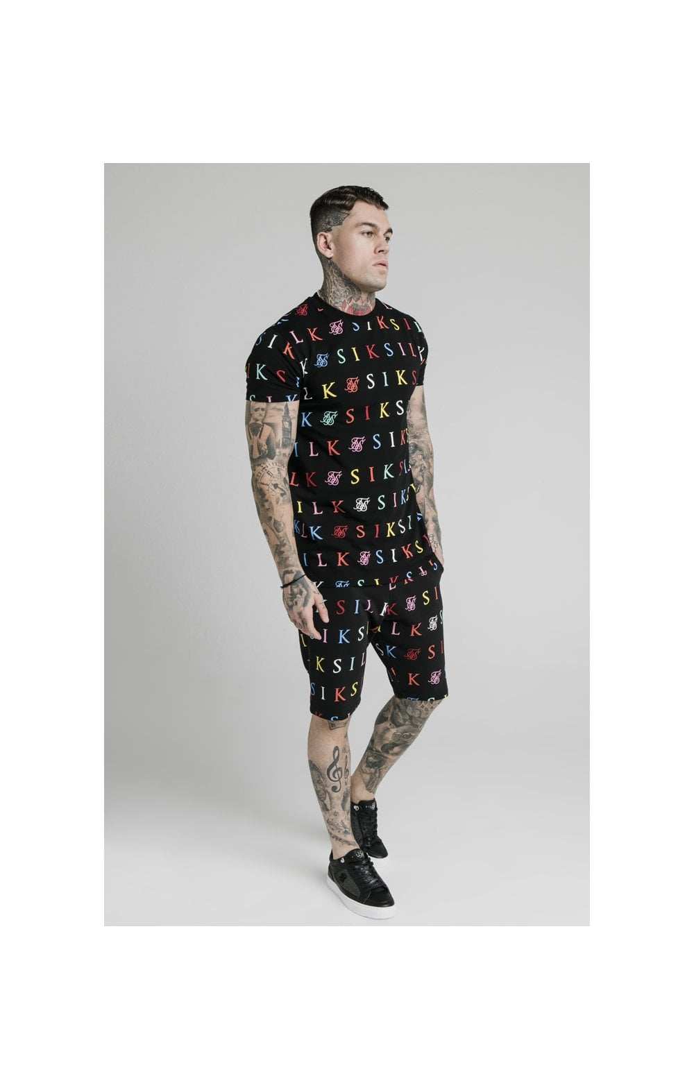 SikSilk Colours S/S Fitted Box Tee - Black & Multi (2)