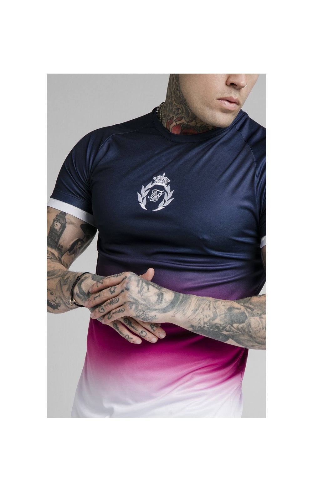 SikSilk S/S Inset Cuff Fade Tech Tee - Navy,Pink & White (1)