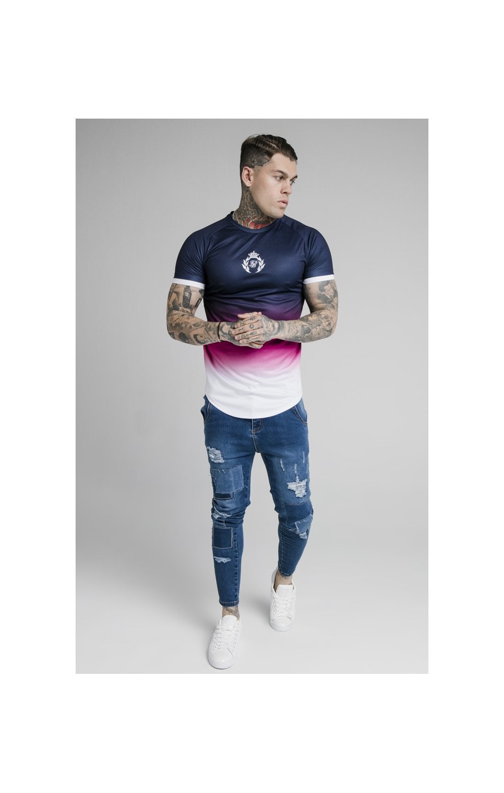 SikSilk S/S Inset Cuff Fade Tech Tee - Navy,Pink & White (2)