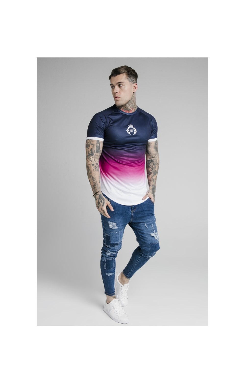 SikSilk S/S Inset Cuff Fade Tech Tee - Navy,Pink & White (3)