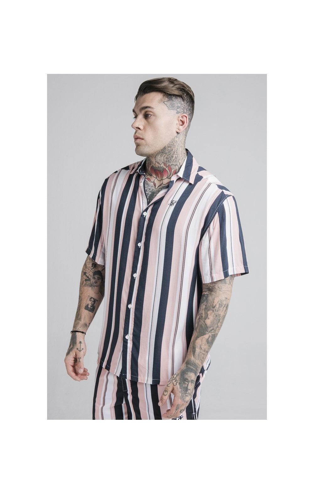 SikSilk Loose Fit Resort Shirt – Navy,Pink & White