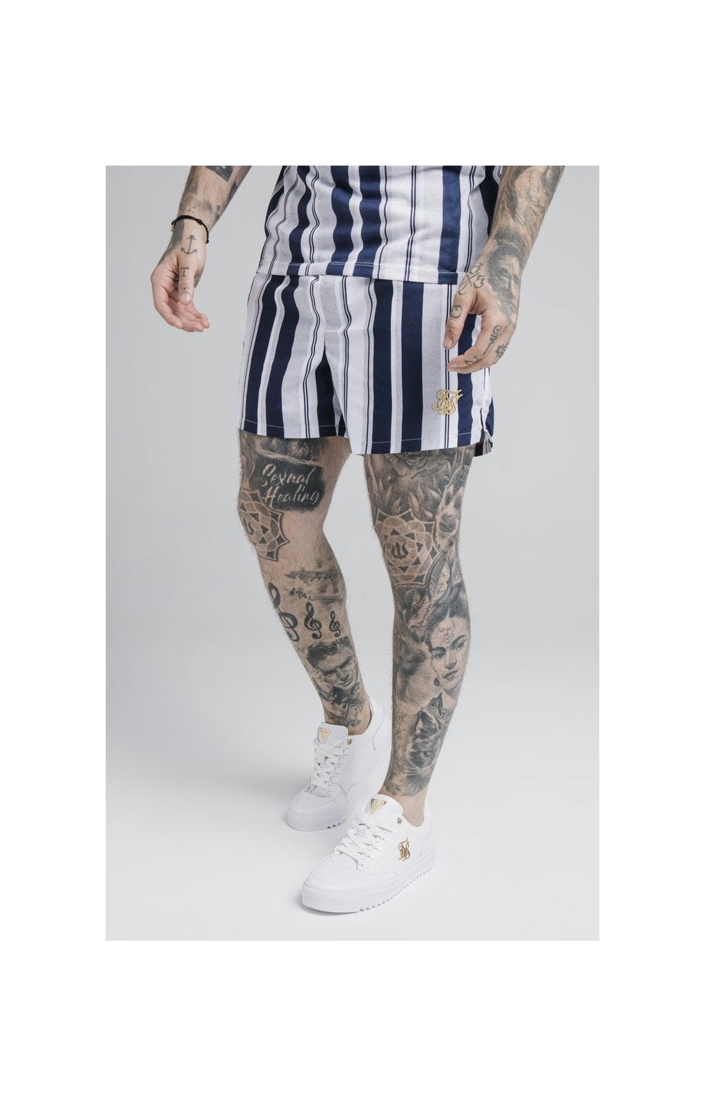 Load image into Gallery viewer, Navy Stripe Standard Swim Short