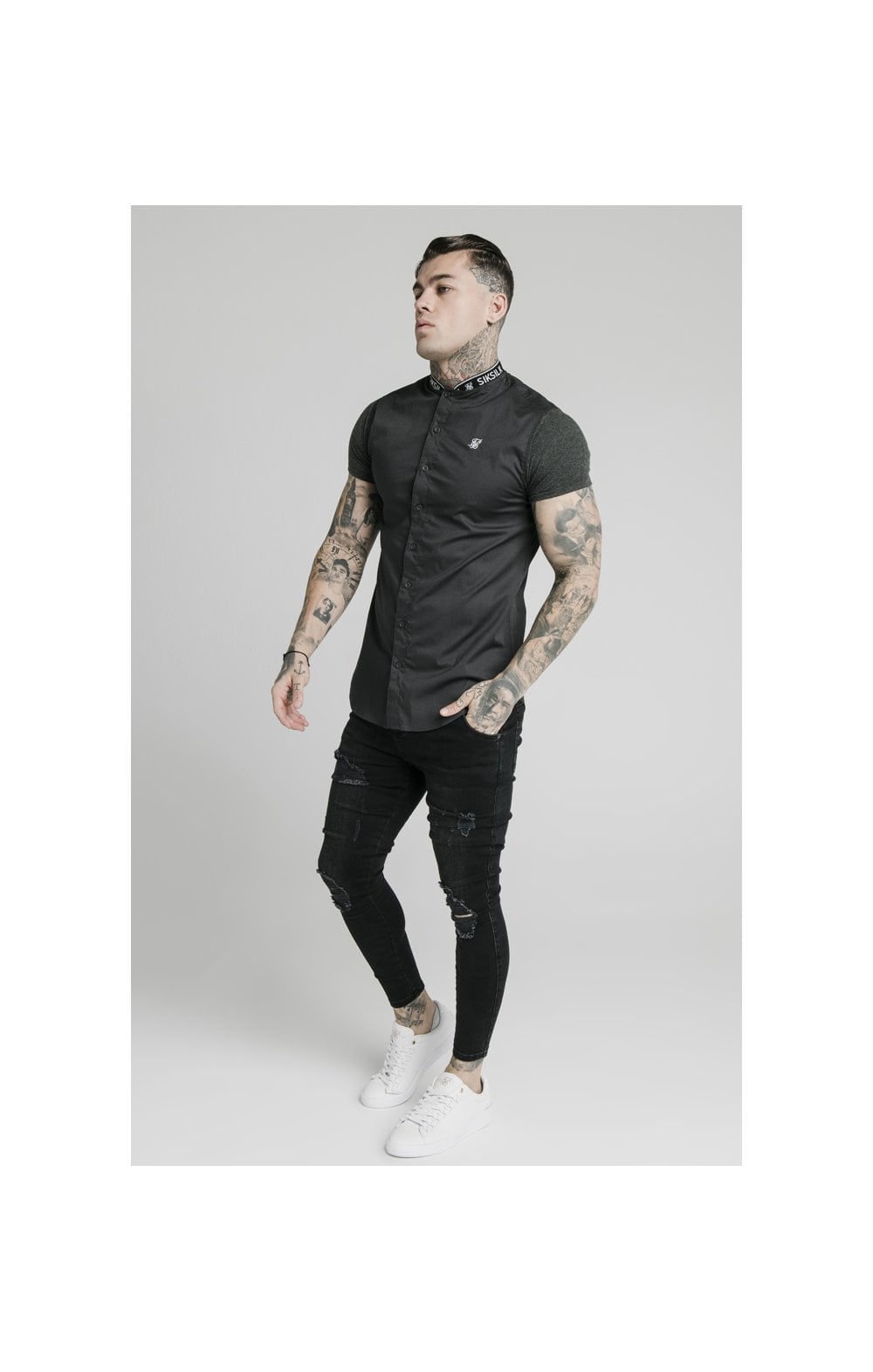 SikSilk S/S Tape Collar Shirt - Dark Grey (2)